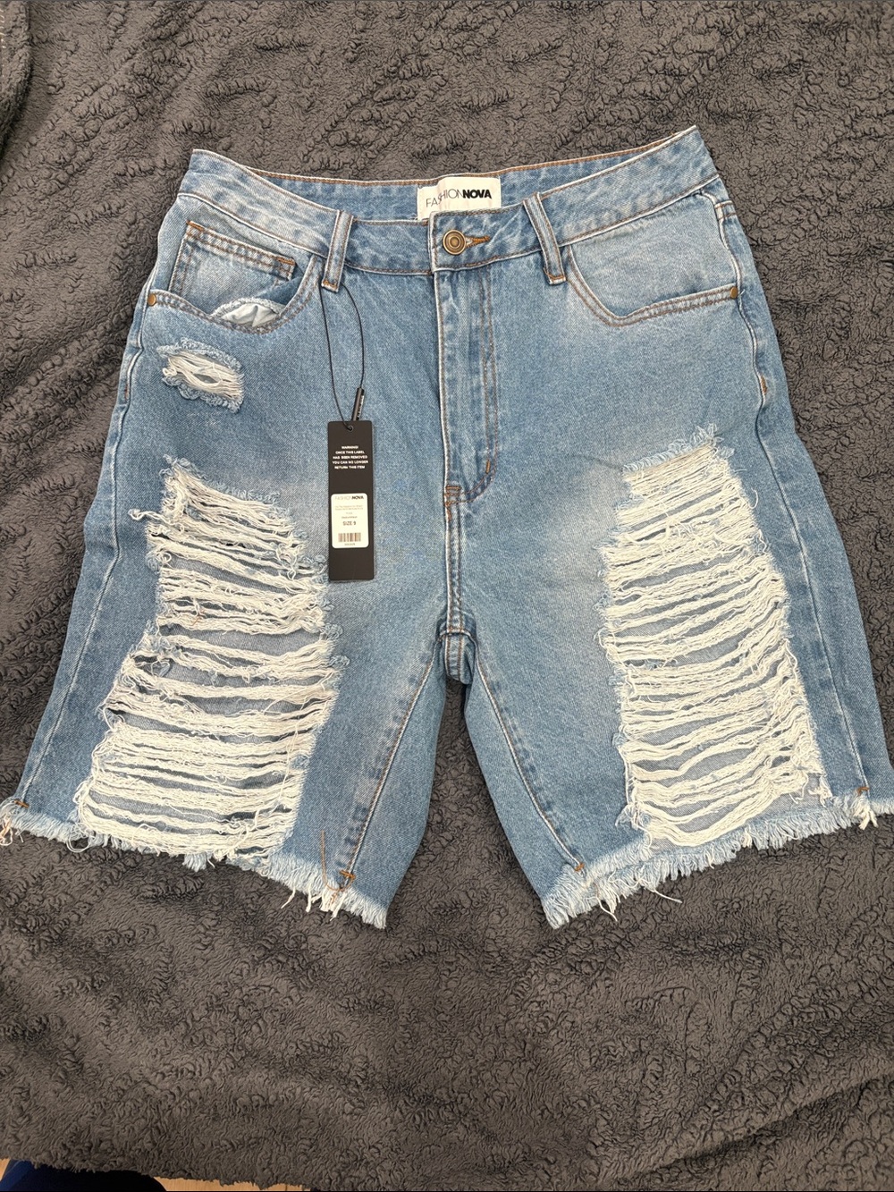 Fashion Nova Light Blue Distressed Denim Bermuda Shorts